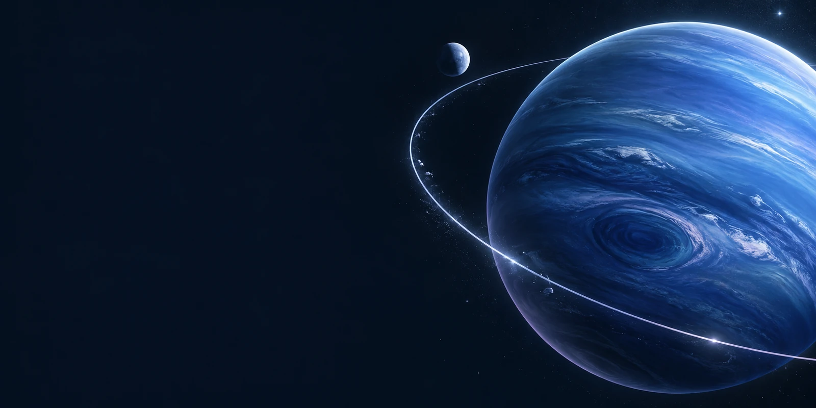 A blue Neptune and moon surrounded by luminous orbital paths